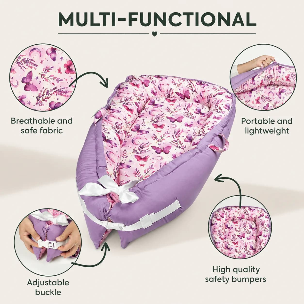 Baby lounger features: breathable fabric, portable, adjustable buckle, padded safety bumpers