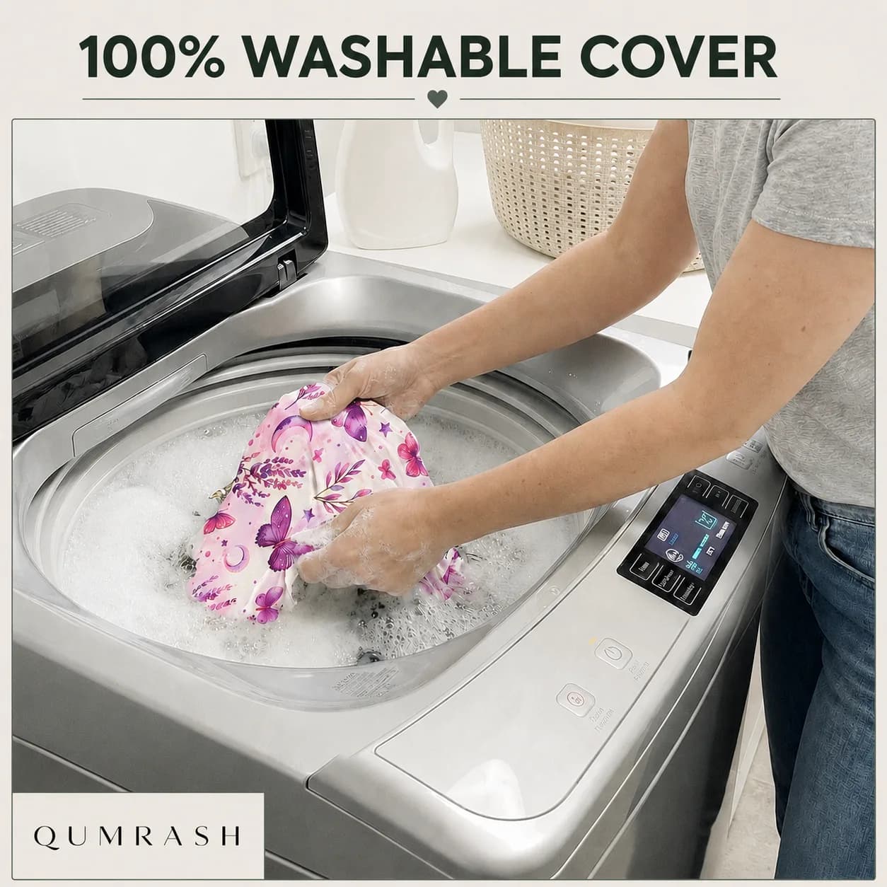The removable lounger cover being washed in a washing machine