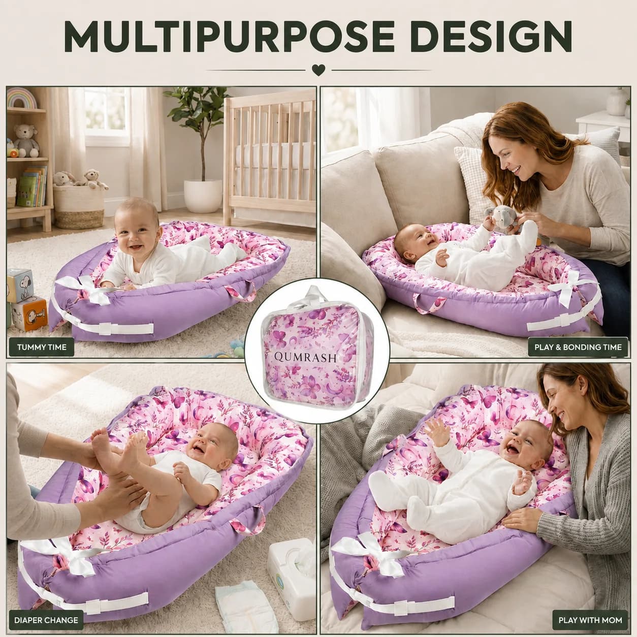 Baby lounger used for tummy time, play and bonding, diaper changes and lounging with a parent