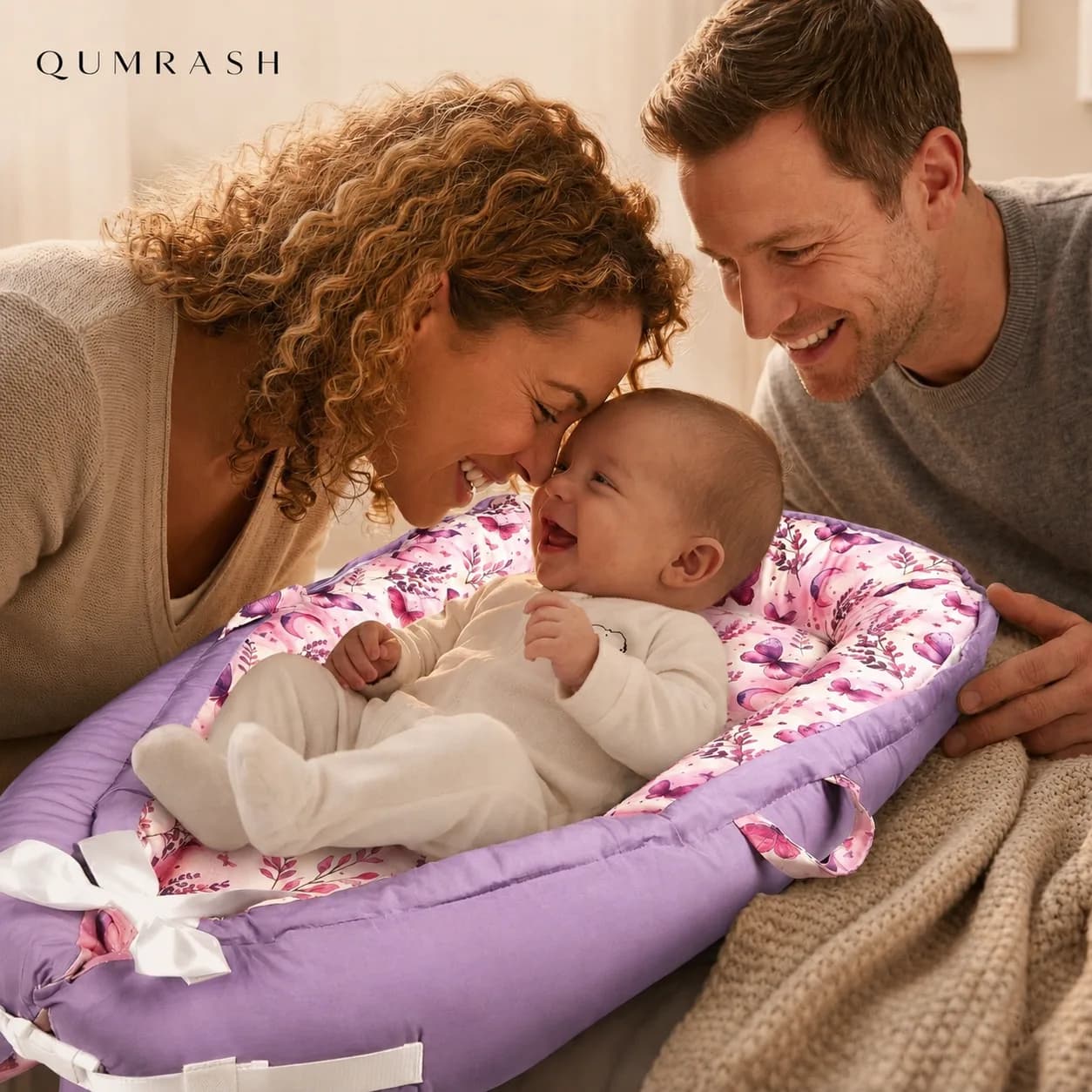 The butterfly lavender baby lounger in a home setting
